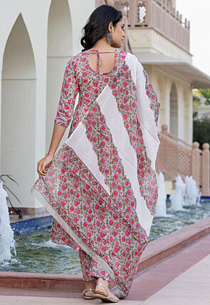 Printed Pure Cotton Aline Suit in Light Grey