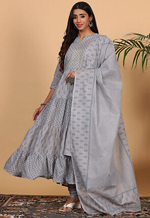 Printed Pure Cotton Aline Suit in Light Grey