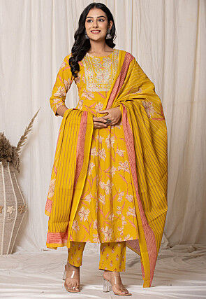Printed Pure Cotton Aline Suit in Light Mustard