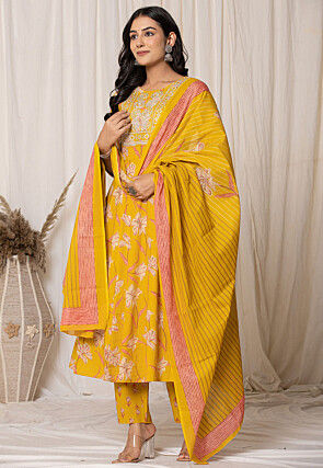 Printed Pure Cotton Aline Suit in Light Mustard