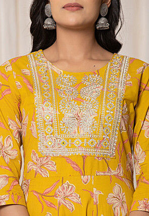 Printed Pure Cotton Aline Suit in Light Mustard