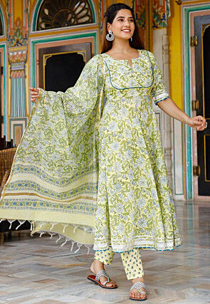 Printed Pure Cotton Aline Suit in Light Yellow