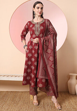 Printed Pure Cotton Aline Suit in Maroon