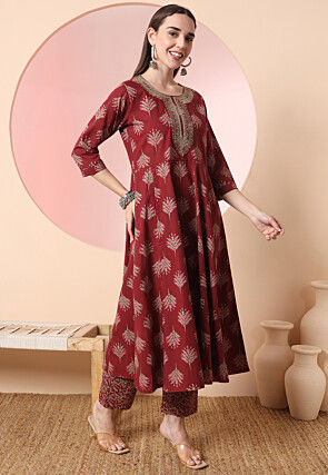 Printed Pure Cotton Aline Suit in Maroon