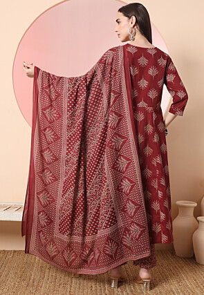 Printed Pure Cotton Aline Suit in Maroon
