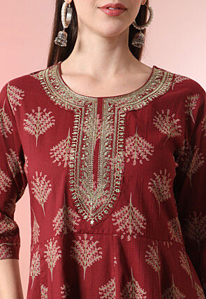 Printed Pure Cotton Aline Suit in Maroon
