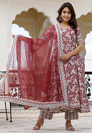 Printed Pure Cotton Aline Suit in Maroon