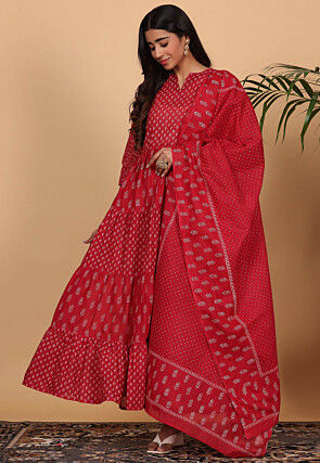 Printed Pure Cotton Aline Suit in Maroon