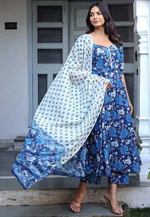 Printed Pure Cotton Aline Suit in Navy Blue
