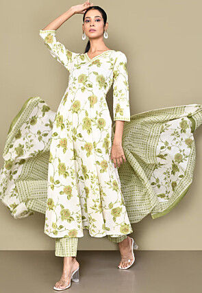 Printed Pure Cotton Aline Suit in Off White