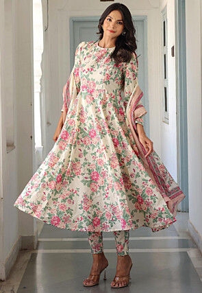 Printed Pure Cotton Aline Suit in Off White