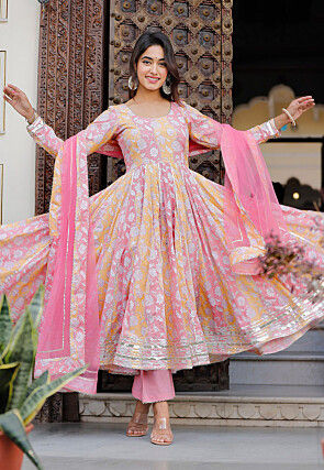 Printed Pure Cotton Aline Suit in Pink and Yellow