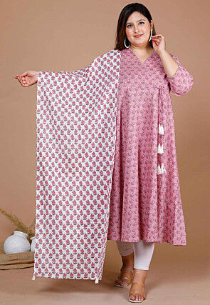 Printed Pure Cotton Aline Suit in Pink