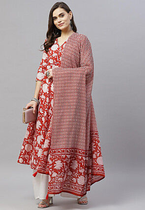 Printed Pure Cotton Aline Suit in Red