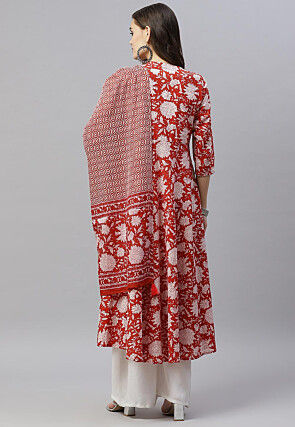 Printed Pure Cotton Aline Suit in Red