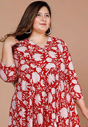 Printed Pure Cotton Aline Suit in Red