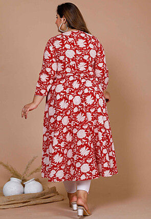 Printed Pure Cotton Aline Suit in Red