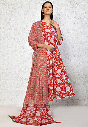 Printed Pure Cotton Aline Suit in Red