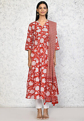 Printed Pure Cotton Aline Suit in Red