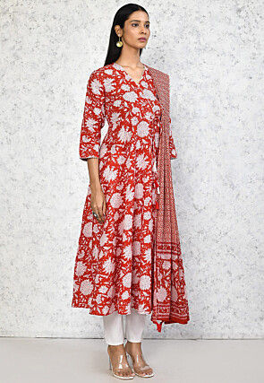 Printed Pure Cotton Aline Suit in Red
