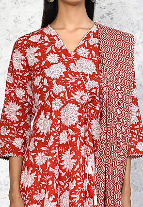Printed Pure Cotton Aline Suit in Red