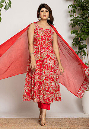 Printed Pure Cotton Aline Suit in Red