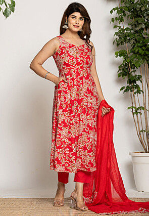 Printed Pure Cotton Aline Suit in Red