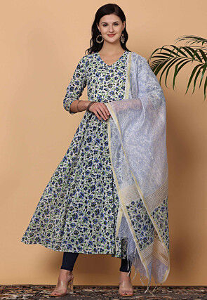 Printed Pure Cotton Aline Suit in White