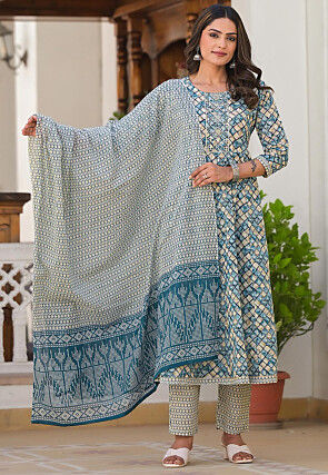 Printed Pure Cotton Aline Suit in Blue and Beige