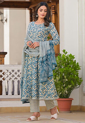 Printed Pure Cotton Aline Suit in Blue and Beige