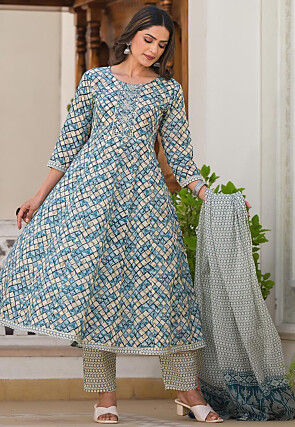 Printed Pure Cotton Aline Suit in Blue and Beige