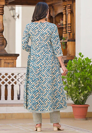 Printed Pure Cotton Aline Suit in Blue and Beige