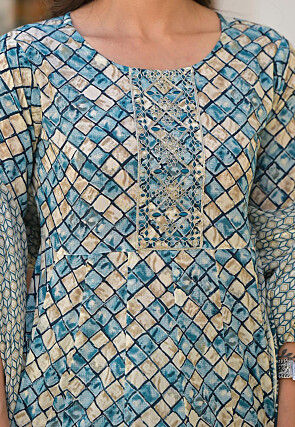 Printed Pure Cotton Aline Suit in Blue and Beige