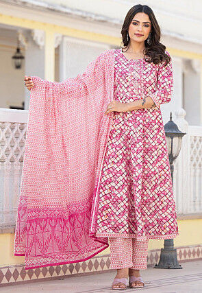 Printed Pure Cotton Aline Suit in Dark Pink and Cream