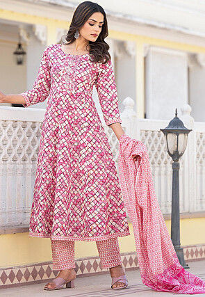 Printed Pure Cotton Aline Suit in Dark Pink and Cream