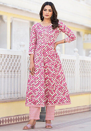 Printed Pure Cotton Aline Suit in Dark Pink and Cream