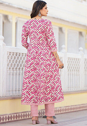 Printed Pure Cotton Aline Suit in Dark Pink and Cream