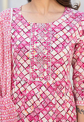 Printed Pure Cotton Aline Suit in Dark Pink and Cream