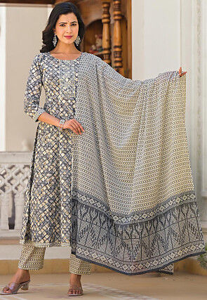 Printed Pure Cotton Aline Suit in Grey and Beige