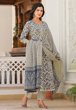 Printed Pure Cotton Aline Suit in Grey and Beige