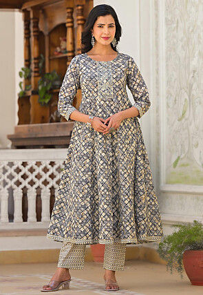 Printed Pure Cotton Aline Suit in Grey and Beige