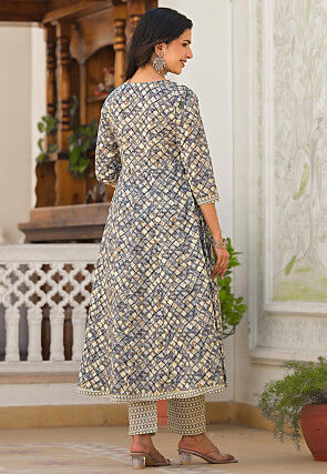 Printed Pure Cotton Aline Suit in Grey and Beige