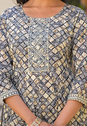 Printed Pure Cotton Aline Suit in Grey and Beige