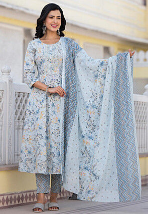 Printed Pure Cotton Aline Suit in Sky Blue