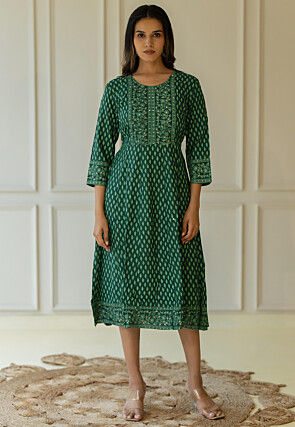 Printed Pure Cotton Anarkali Kurta in Dark Green