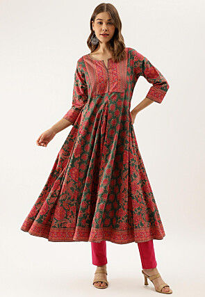 Printed Pure Cotton Anarkali Kurta in Dark Green