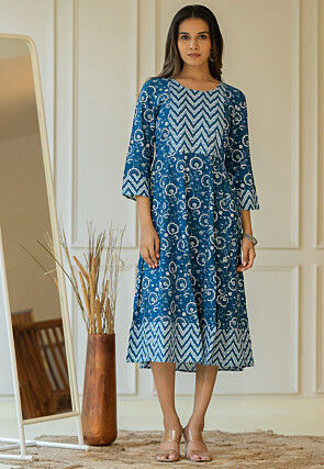 Printed Pure Cotton Anarkali Kurta in Teal Blue