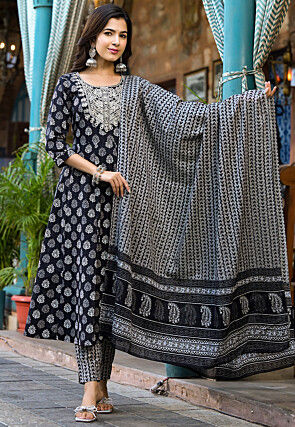 Printed Pure Cotton Anarkali Suit in Black