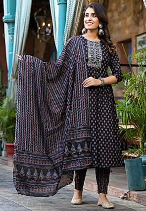 Printed Pure Cotton Anarkali Suit in Black