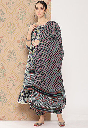 Printed Pure Cotton Anarkali Suit in Black